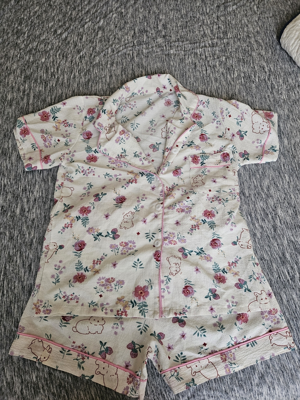 Floral Cream Short Pajama Set with Pink Trim